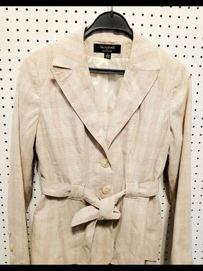 Signature By Larry Levine Beige Plaid Belted Skirt Suit